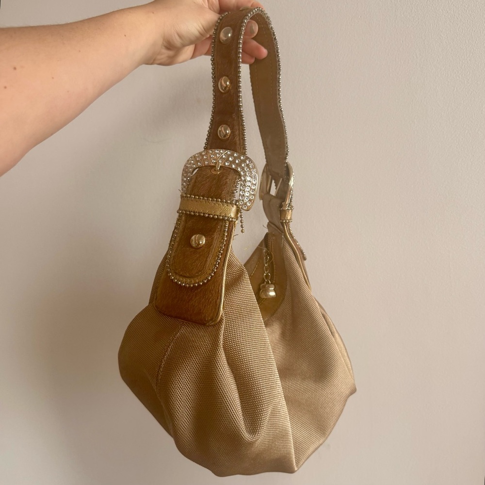 Kathy Van Zeeland Faux Fur Belt Shoulder Bag | Tan with Gold & Silver Accents